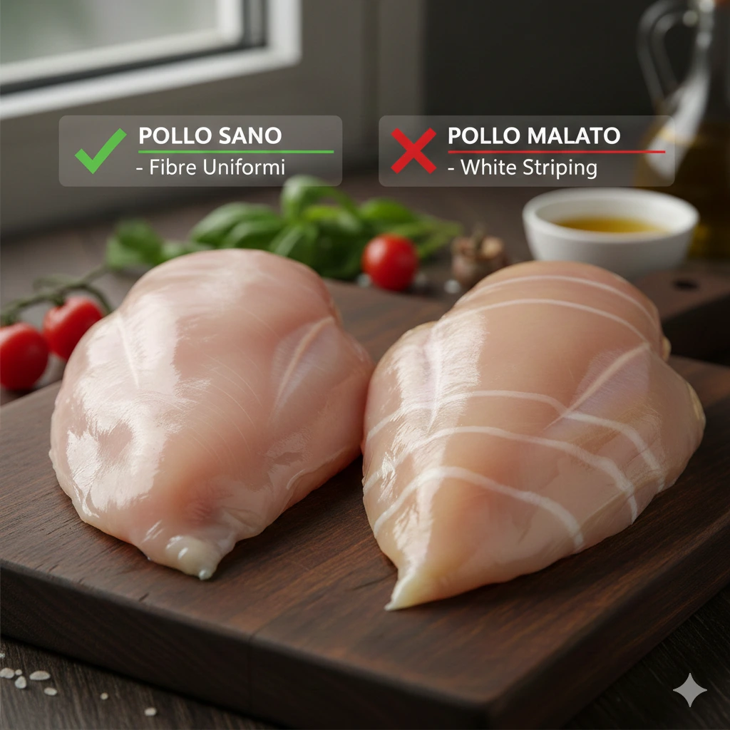 Confronto visivo tra un petto di pollo sano con fibre muscolari uniformi e un petto di pollo affetto da white striping con evidenti striature bianche di grasso su un tagliere in legno.